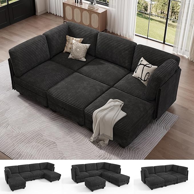 Modular Sectional Sofa with Adjustable Backrest, Convertible L/U-Shaped Sleeper Couch for Living Room, Cloud Sofa Bed Modern Reversible Design, Black