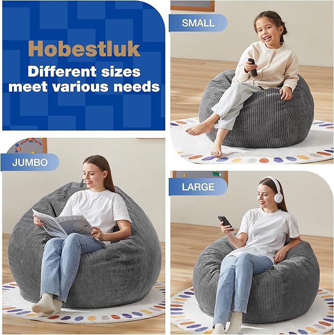 Hobestluk 4.5FT Bean Bag Chair Giant Bean Bag Chair with Filler Included Adult Bean Bag Chairs with Removable Cover for Bedroom Living Room - (Jumbo, Grey)
