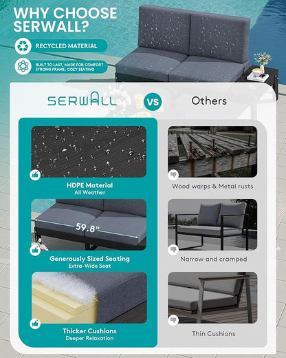 SERWALL HDPE Outdoor Furniture Set, 6 Seats Outdoor Sectional with Coffee Table, Outdoor Conversation Sets with Adjustable Backrest Sofa for Deck, Yard and Balcony, Black Frame with Grey Cushion