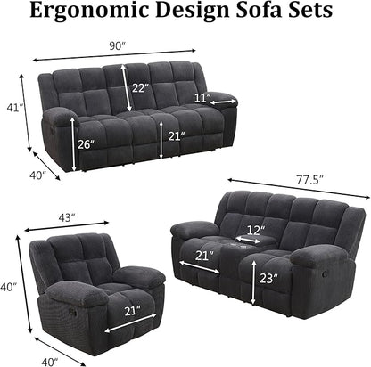 Manual Recliner Sofa Set,Fabric Reclining Couch Set,Modern Living Room Furniture Set,Reclining Sofa Couch Chair for Living Room Home Office (Dark Grey Upgraded Version, 3PCS Set)
