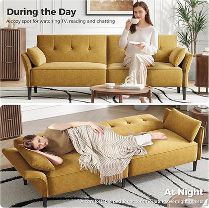89” Futon Sofa Bed, Comfy Futon Couch Bed with 2 Square Pillows,Convertible Sleeper Sofa with Adjustable Backrest& Armrests, Modern Loveseat Sleeper for Living Room,Velvet Fabric Yellow