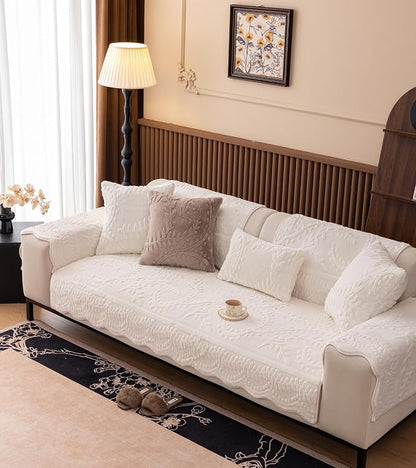 White Fuzzy Rabbit Plush Sofa Cover Cozy Warm Sofa Couch Covers with 3D Jacquard Leaf Pattern Non-Slip Easy-to-Install Shaggy Sofa Slipcover Prefect for Kids Dogs Cats Cats(White,36"x63")