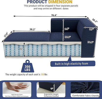 76" Sectional Compressed Sofa Modular Couches,High-Density Foam No Assembly Required, 2-Piece(1x Corner 1x Ottoman) for Living Room, Chenille Blue