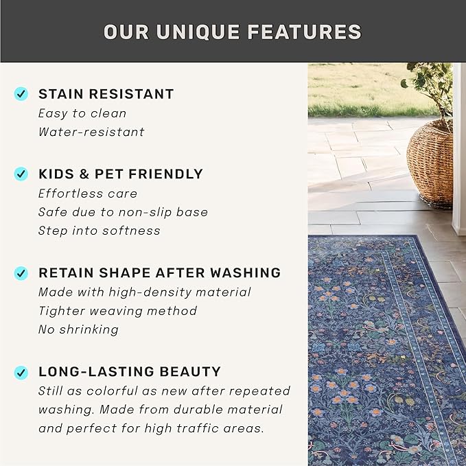 Dark Blue 2x8 Hallway Runner Non Slip - Machine Washable Kitchen Rugs, Geometric Floral Pattern Indoor Floor Mats for Entryway, Oriental Design Home Décor