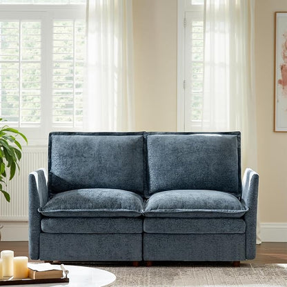 HULALA HOME 68'' Loveseat Sofa with Dual-Layered Cushions, 2 Seater Sofa with Storage Ottoman and Removable Cover, Modern Deep Seat Cloud Couch for Living Room, Blue