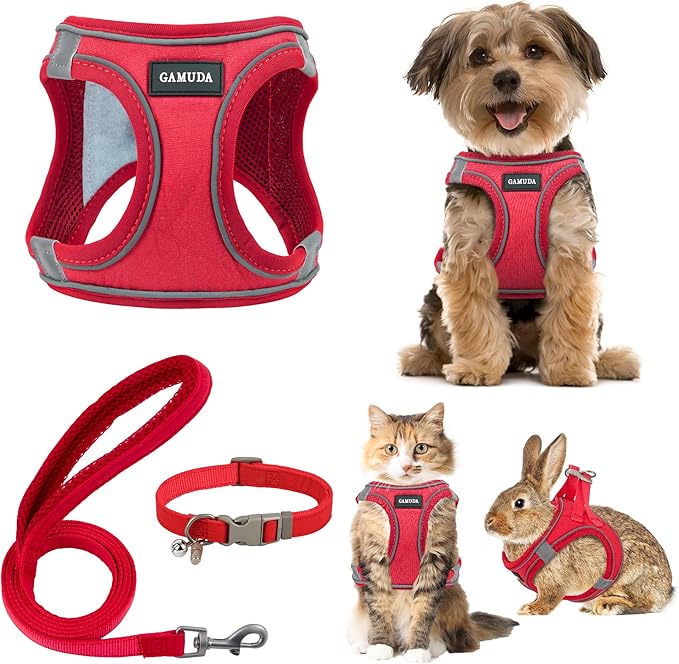 GAMUDA Small Pet Harness Collar and Leash Set, Step in No Chock No Pull Linen Fabric Soft Mesh Dog Vest Harnesses Reflective for Dogs Puppy Cats Kitten Rabbit (Red, M)
