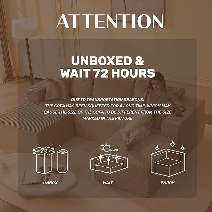 107" Boneless Couch with Deep Seat, Modular Sectional Sofa, Cloud Sectional Couch for Living Room, No Assembly Required, Corduroy, U-Shape 3 Seater Left, Camel