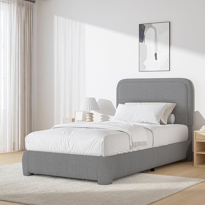 BarnFurin Twin Size Bed Frame, Boucle Upholstered Platform Bed with Headboard, Modern Style, Soft Rounded Corners, No Box Spring Required, Easy Assembly, Light Grey