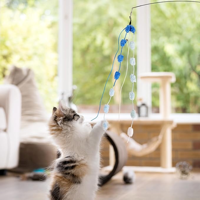 Cat Wand Toy, 8Pcs Retractable Plush Srtip Cat Teaser Wand Toys with Bell & String, Long Interactive Wand Toys for Indoor Kitten, Exercise
