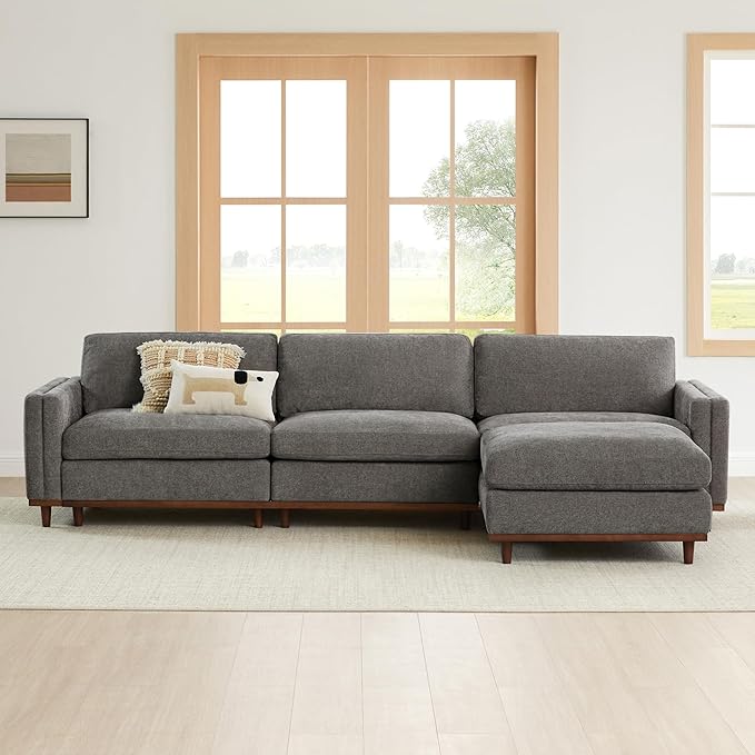CHITA Super Large Luxury L Shape Convertible Sectional Modular Sofa, Down Filled Modern Sofa with Ottoman, Deep Seat Cloud Couch, 118 inch Width, 4 Seat Couch with Solid Wood Leg, Grey