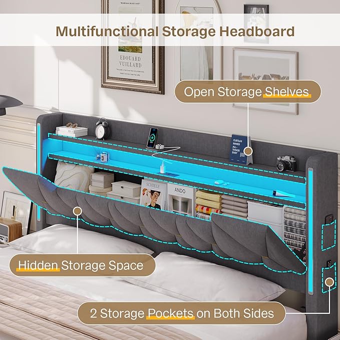 King Bed Frame, King Size Bed Frame with Storage Headboard and LED Lights, Charging Station, Metal Support, Noise-Free, Easy Assembly,Gray