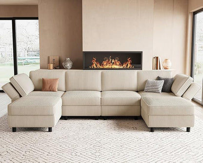 114.2" Modular Sectional Sofa with Deep Storage Seat,U Shaped Sectional Sofa Couch Convertible 6 Seater Corduroy Couch with Movable Ottoman,Upholstered Sectional Couches for Living Room,Beige