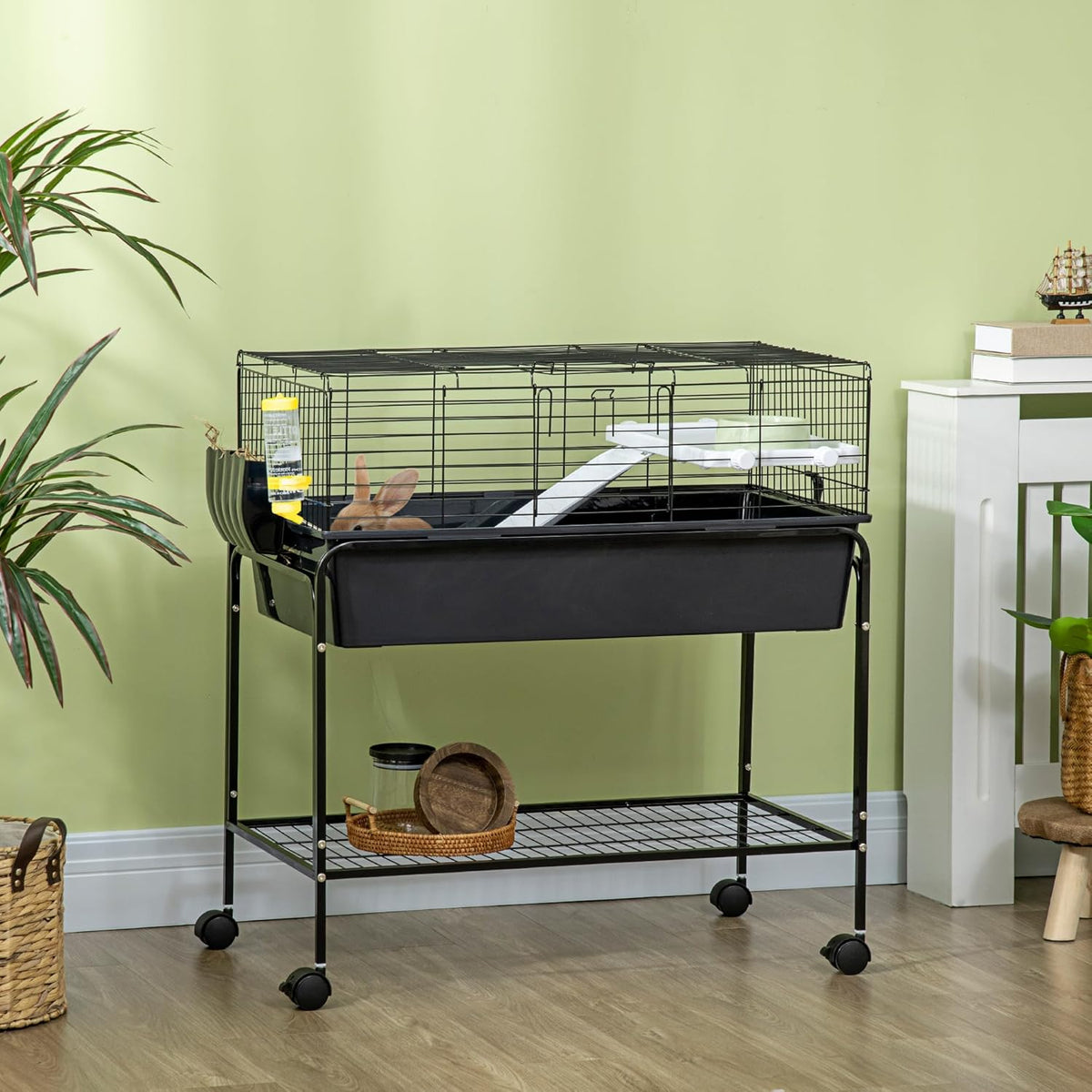PawHut Two-Story Small Animal Cage Removable from Stand, Guinea Pig Cage with Shelf & Wheels, Pet Habitat for Hedgehog, Chinchilla, Ferret, 33" x 18.5" x 35", Black