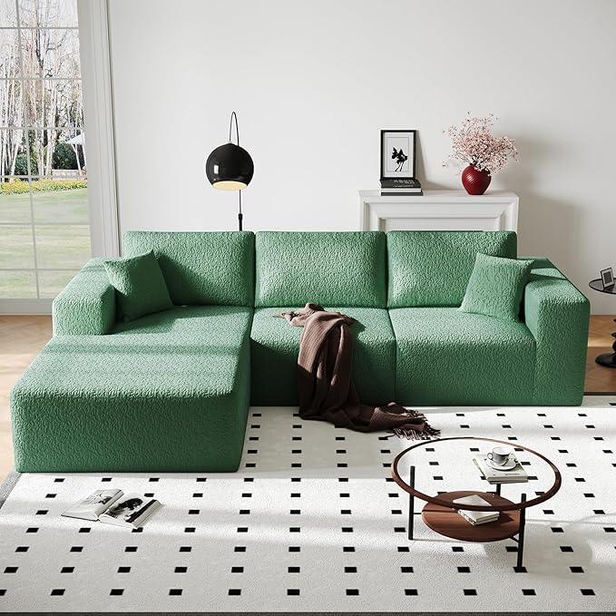 108" Cloud Modular Sectional Couch with L-Shape Chaise, Modern Sectional Sofa with Deep Seat Couch, Ultra Soft Knit Fabric Couches for Living Room, No Assembly Required, Left Facing Chaise (Green)
