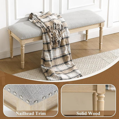 DM Furniture 46'' French Country Entryway Bench Wooden Linen Fabric Upholstered Seat Dinng Bench with Nailhead Trim for Hallway End of Bed, Grey