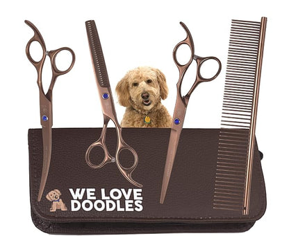 We Love Doodles Small Curved Slicker Brush and Grooming Scissors Kit Bundle - Soft Pin Goldendoodle Brush and Dog Grooming Scissors Kit - for Dematting & Shedding - Made in USA