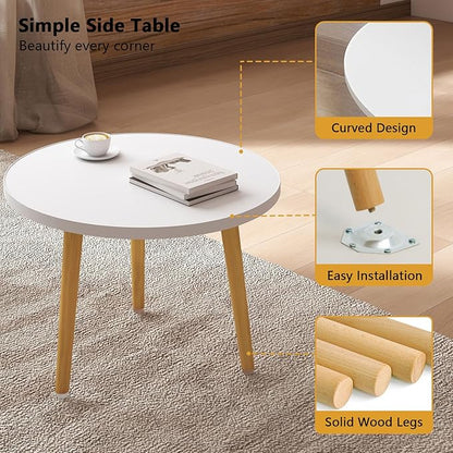 Funecy Round Coffee Table Low Table with 3 Solid Wood Sturdy Legs, Floor Table Desk for Sitting on The Floor, Storage and Living Room Furniture (White)
