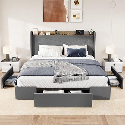 Allewie King Size Velvet Bed Frame with 3 Storage Drawers, Upholstered Platform Bed with Wingback Storage Headboard and USB Ports, No Box Spring Needed, Easy Assembly, Grey
