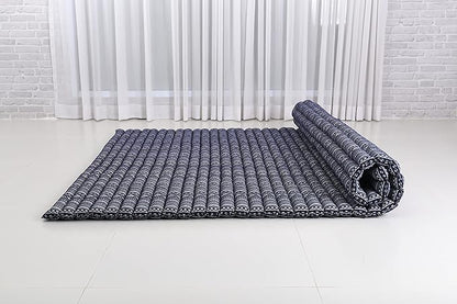 Leewadee - Foldable Floor Mattress - Japanese Roll Up Futon -Trifold Tatami Mat- Guest Floor Bed - Camping Mattress - Thai Massage Mat, Kapok Filled, 75 x 57 inches, Blue White