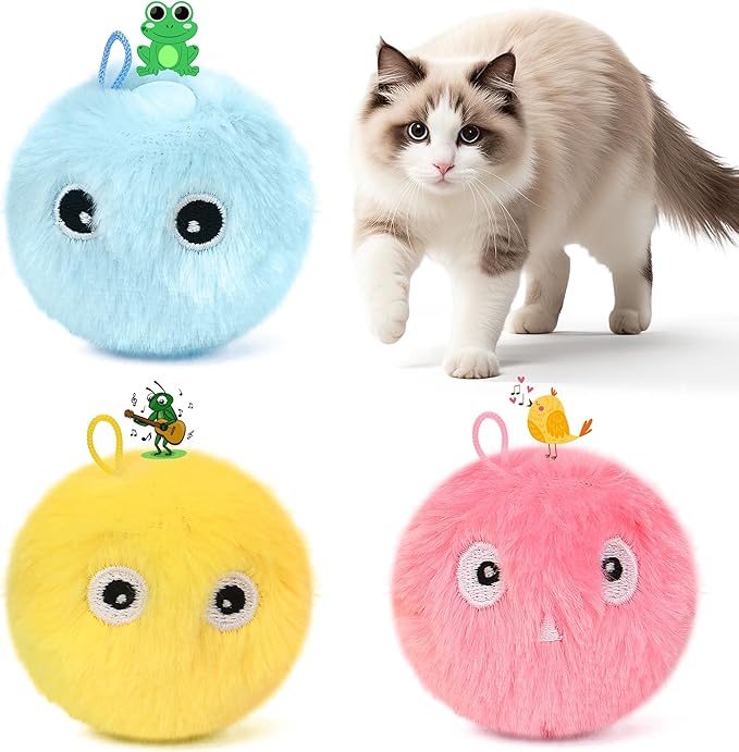 Chirping Cat Toy Balls-Upgraded 3-Pack Fluffy Interactive Kicker with 3 Lifelike Animal Sounds,Battery-Operated,Auto-Activated,Perfect for Indoor Kitty Kitten Exercise,Stimulates Play,Durable Design