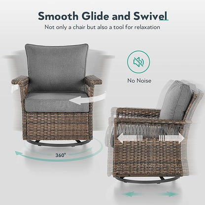 Outdoor Swivel Glider Chairs - 3 Pieces Hollow Widen Armrests Wicker Patio Furniture Set with Side Table, High Back Outside Swivel Rocker for Balcony Porch Deck and Yard - Brown/Gray