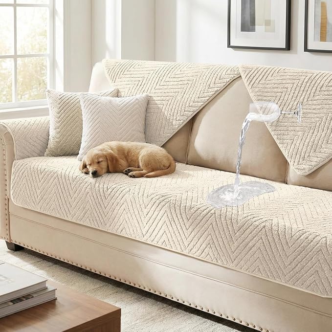 Turquoize Waterproof Couch Cover for Dogs Fuzzy Pet Couch Covers for Sofa Thick Dog Bed Cover Non-Slip Sofa Covers for 2 Cushion Couch Protector Slipcover Pet Friendly (Beige, 36" x 48")