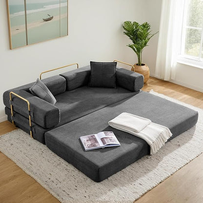 Convertible Couch Sofa Bed Foldable Floor Sleeper | Modern Deep Seat Fold Out Couch | Removable Backrest & Armrests | No Assembly Compression Sofa Sleeper for Living Room, Bedroom | Corduroy Gray