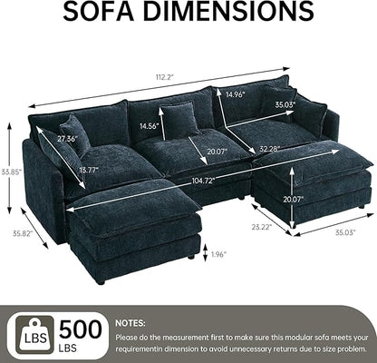 saows Modular Sectional Sofa, 112.2 Inch U Shaped Couch Set with Armrests, 3-Seater Comfy Cloud Couches with Movable Ottoman for Living Room Apartment, Blue