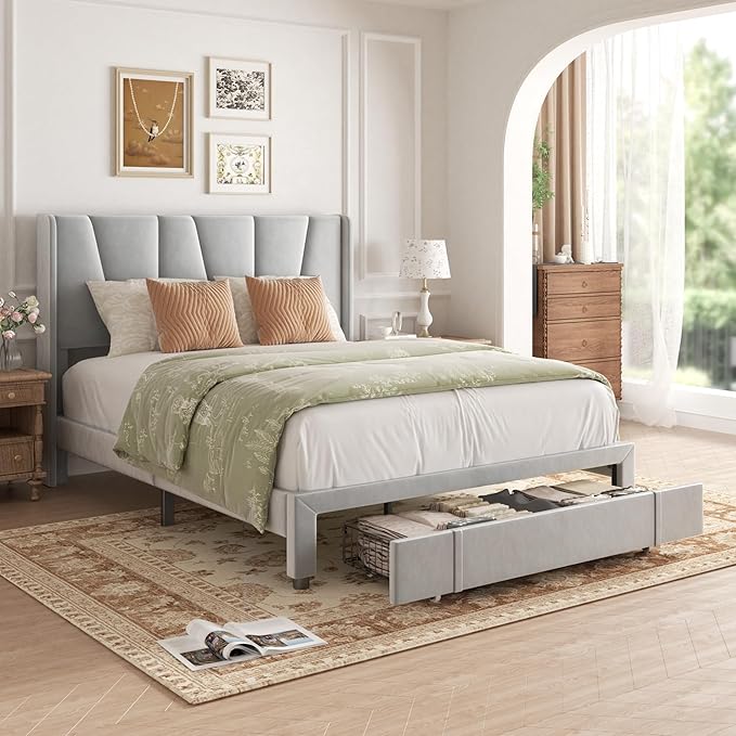 Queen Bed Frame with Storage Drawers, Upholstered Queen Size Platform Bed with 47" Tall Headboard and Wingboard, No Box Spring Needed, Noise Free, Easy Assembly, Wooden Support Slats, Light Grey