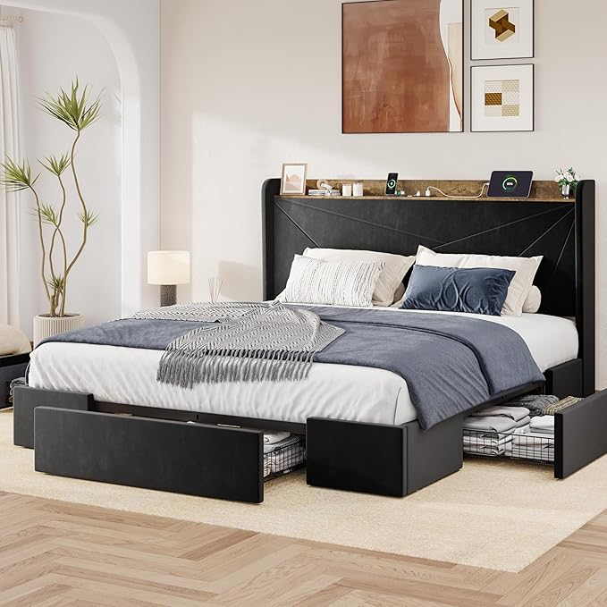 Allewie King Size Velvet Bed Frame with 3 Storage Drawers, Upholstered Platform Bed with Wingback Storage Headboard and USB Ports, No Box Spring Needed, Easy Assembly, Black