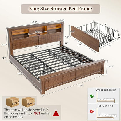 EnHomee King Size Bed Frame and Headboard & Storage,4 Drawers and LED Built in Charging Station King Bed Frame with Storage Farmhouse, NO Noise,No Box Spring Needed,Brown