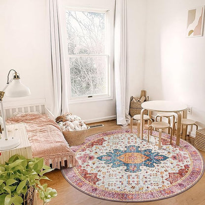 Moynesa Ultra-Thin Washable Round Rug - 6ft Pink Large Living Room Circle Area Rugs, Vintage Dining Room Mat Stain Resistant Nursery Carpet for Bedroom Mudroom Kitchen Apartment Home Office