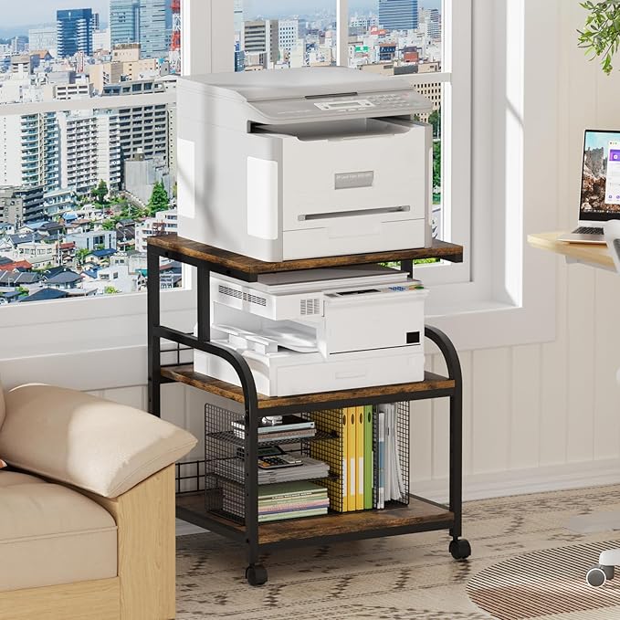 Lerliuo Large Printer Stand with Storage, 23.6"W x 18.9"D x 30.2"H, 5-Adjustable Shelf Heights Mobile 3 Tier Table with Lockable Wheels, Industrial Rolling Printer Cart, Brown Stands for Home Office