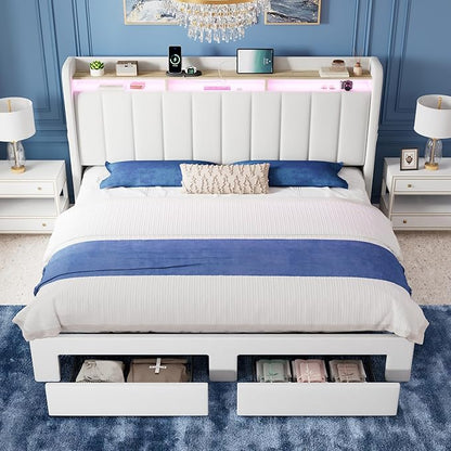 Allewie Velvet Vertical Tufted King Size Upholstered Platform Bed Frame with 2-Tier LED Storage Headboard & 2 Storage Drawers, USB & Type-C Charging Ports, Noise-Free/No Box Spring Needed, White