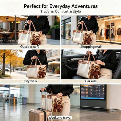Teddy Bear Dog Carrier Bag, Teddy Carrier Bag for Dogs and Cats, Portable PU Leather Shoulder Tote with Plush Ears, Portable Convenient，White Brown Color Scheme