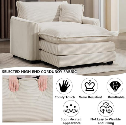 Aoowow Corduroy Large Armchair with Ottoman,Tufted Indoor Chaise Lounge Chair,Oversized Single Sofa Chairs with Footrest,Single Seat Cloud Sofas Couches for Living Room (Beige, Sofa Chair + Ottoman)