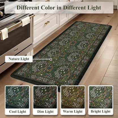Collive Kitchen Mats for Floor, Cushioned Anti Fatigue Mat Dark Green Floral Rugs 2 Piece Non Skid Waterproof Sink Rug, Memory Foam Comfort Standing Mat for Office, Laundry, Desk