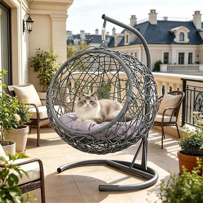 Hanging Cat Swing Bed with Stand, Rattan Egg Chair for Cats | Rattan Egg Chair Design, Soft Cushion, Stable Stand, Cozy Swinging Resting Spot For Cats And Small Dogs