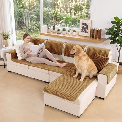 FUANGUI 2 Pack Waterproof Couch Cover for Dogs Pets Sofa Protector | Non-Slip Washable Fuzzy Soft Sofa Slipcover for 2 PCS L Shaped Sofa Pet Friendly, 27.6" x 59.1"+27.6" x 70.9", Camel
