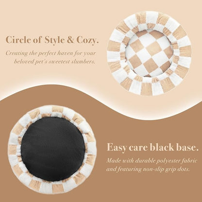Ohocut Checkered Cat Dog Bed, Cute Beige Khaki Retro Style Aesthetic Round Warming Pet Calming Beds for Small Dog and Cats, Plush Cozy Donut Beds Washable, 23" L x 23" W x 8" Th