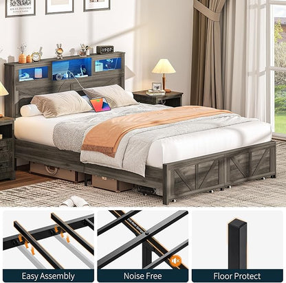 Yoobure Farmhouse Queen Bed Frame with Headboard - Bed Frame Queen Size with Charging Station & LED Lights, Wood Bedframe Queen-Size with 2 Storage Drawer, Platform Beds, No Box Spring Needed, Grey