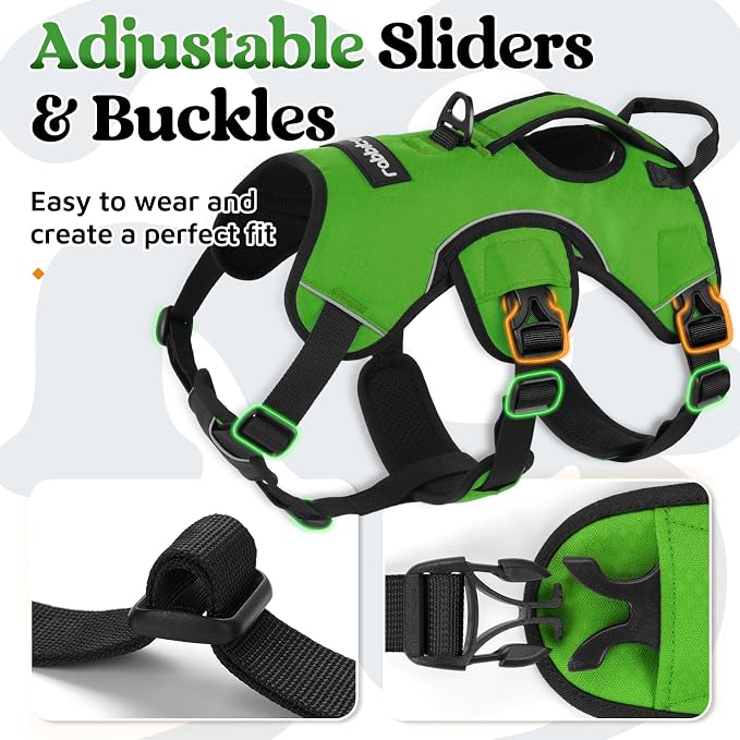 rabbitgoo Escape Proof Dog Harness for Large, No Pull with Lift Handle | No Escape, Full Soft Padded, Reflective Adjustable Vest, Leash Clip for Walking Hiking Training, Green, Large
