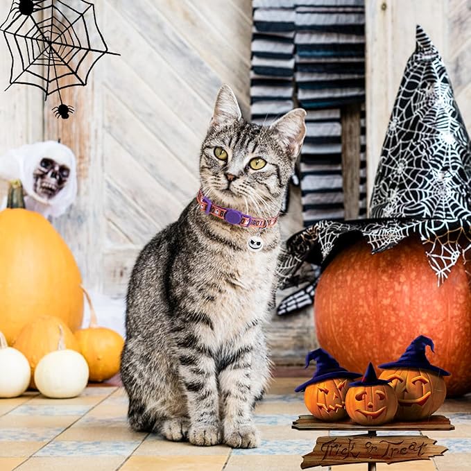 Halloween Cat Collar with Bells, Thanksgiving Cat Collar Breakaway, Christmas Kitten Collars for Girl Boy Cats, Fall Kitty Holiday Collars Adjustable 8-12inch