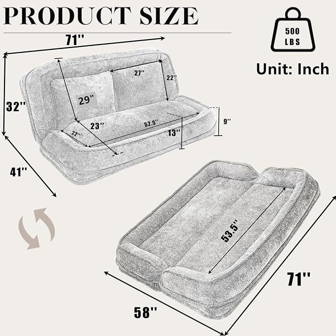 Foldable Lazy Sofa Bed, Double Human Dog Bed for Adults, Dark Gray | Skin-friendly Breathable Soft Chenille Upholstered, 5 Adjustable Backrest Positions, 3 Soft Cushions for Living Room