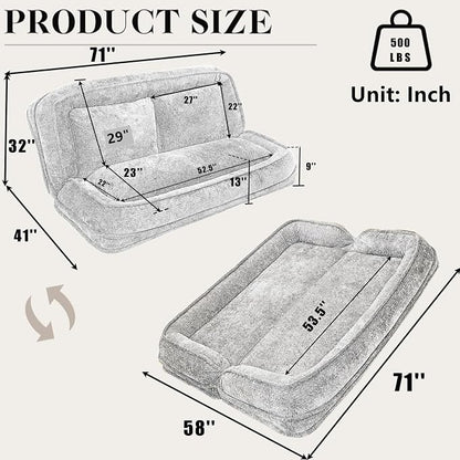 Foldable Lazy Sofa Bed, Double Human Dog Bed for Adults, Dark Gray | Skin-friendly Breathable Soft Chenille Upholstered, 5 Adjustable Backrest Positions, 3 Soft Cushions for Living Room