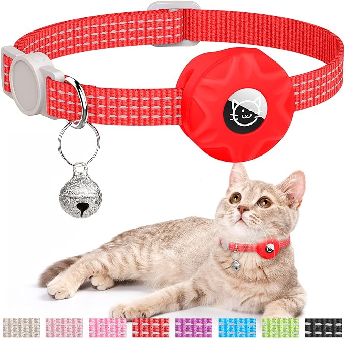 AirTag Cat Collar, Reflective Kitten Collar Breakaway Apple Air Tag GPS with Holder and Bell, Lightweight Tracker Collars for Girl Boy Cats, Kittens Puppies (Red)