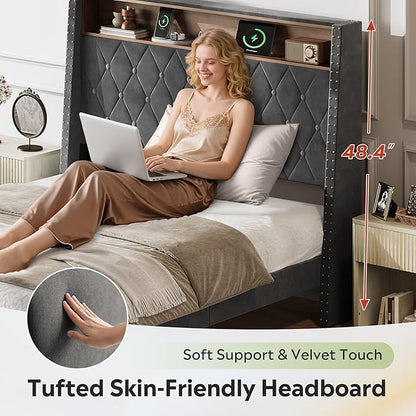WLIVE Full Size Upholstered Bed Frame with Storage Headboard, Velvet Square Tufted Platform Bed with Charging Station, Sturdy Metal & Wooden Slats Support, No Box Spring Needed, Grey