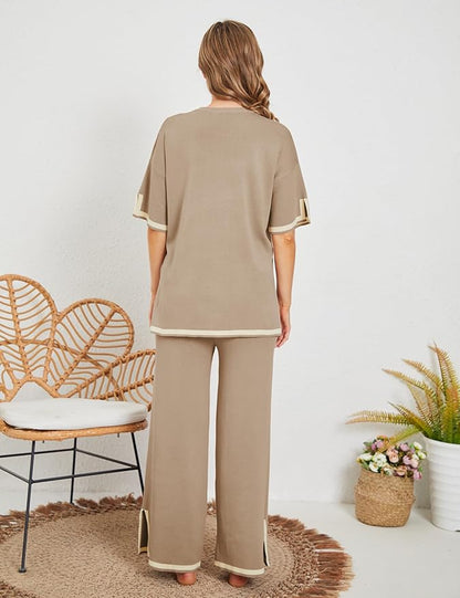 Faleave Womens Knit 2 Piece Sweater Sets Short Sleeve Pullover Tops Elastic Waist Wide Leg Pants Lounge Set