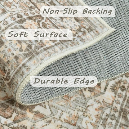 Area Rug 2x3 Washable Door Mat, Vintage Distressed Rug Indoor Entrance Traditional Thin Rug, Floral Print Non Slip Carpet for Kitchen Bathroom Bedroom Living Room (Brown, 2X3)