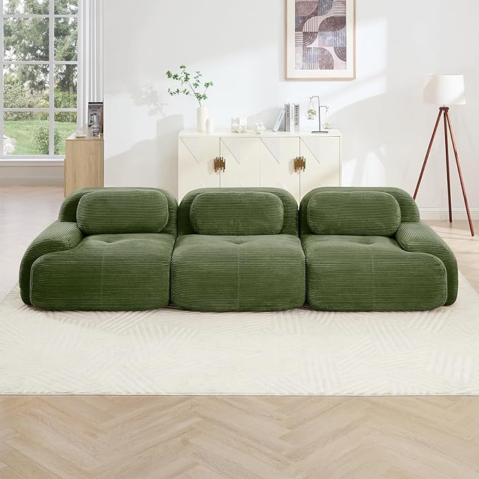 116" Modern Corduroy Cloud Sofa, Boneless Modular Large Sectional Couches for Living Room, Green 3 Seater Compressed Memory Foam Couch, Extra Deep Seat, No Assembly